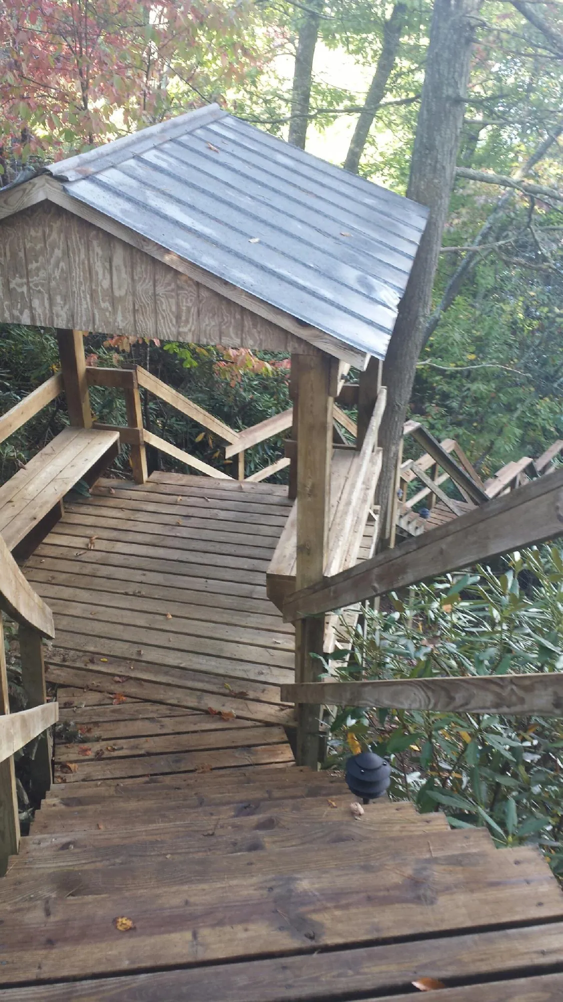 Metal roofed shelter over wooden steps on a wooded walkway — Skylight Repair & Installation work by our crew in Social Circle